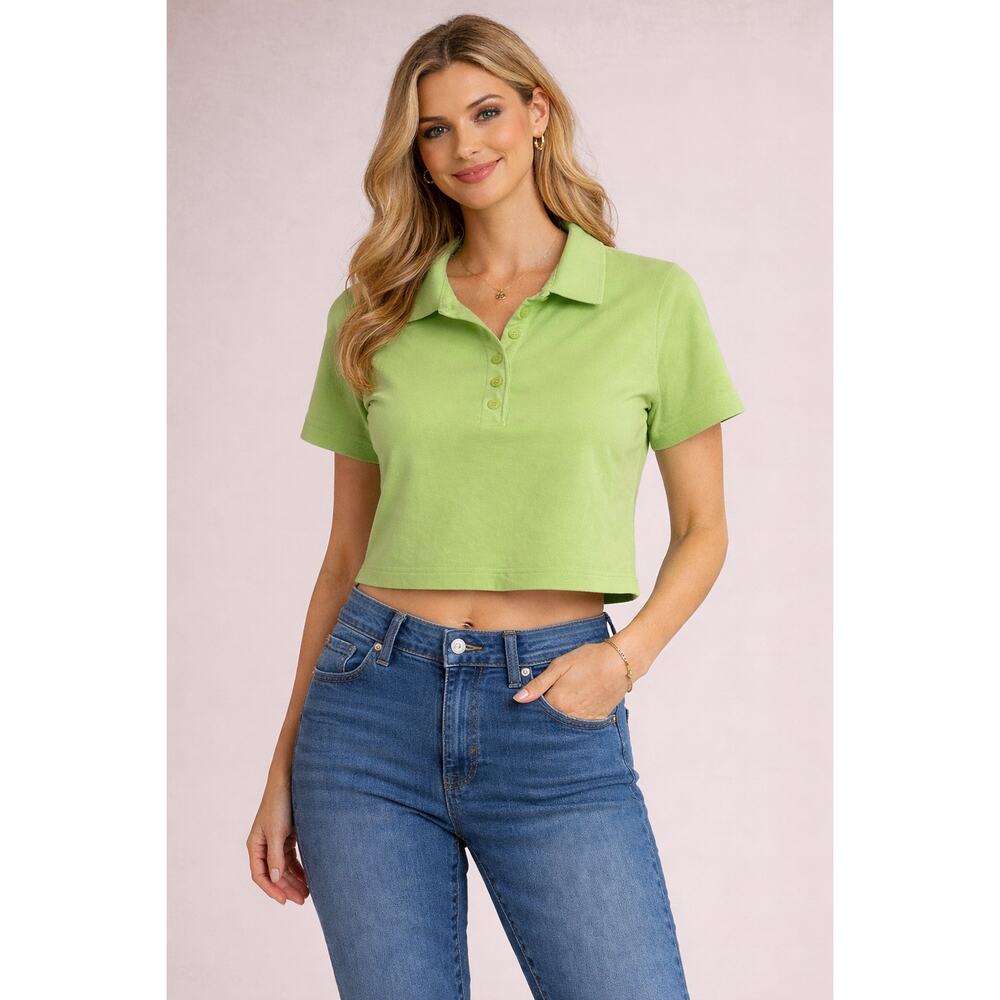 Kim Rogers Petite Cropped Polo Shirt Womens PM Green Cotton Short Sleeve